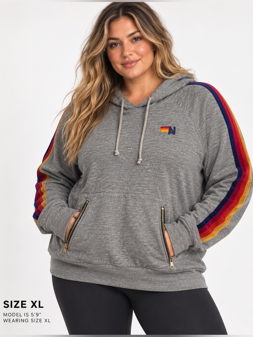 #1062 Aviator Nation Rare 5 Stripe Rainbow Pullover Hoodie Gray XL